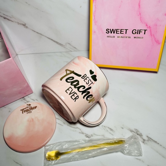 NEW~Sweet Girl Hello Beautiful World~Pink Marble Ceramic Coffee Mug~Best Teacher - Picture 1 of 9